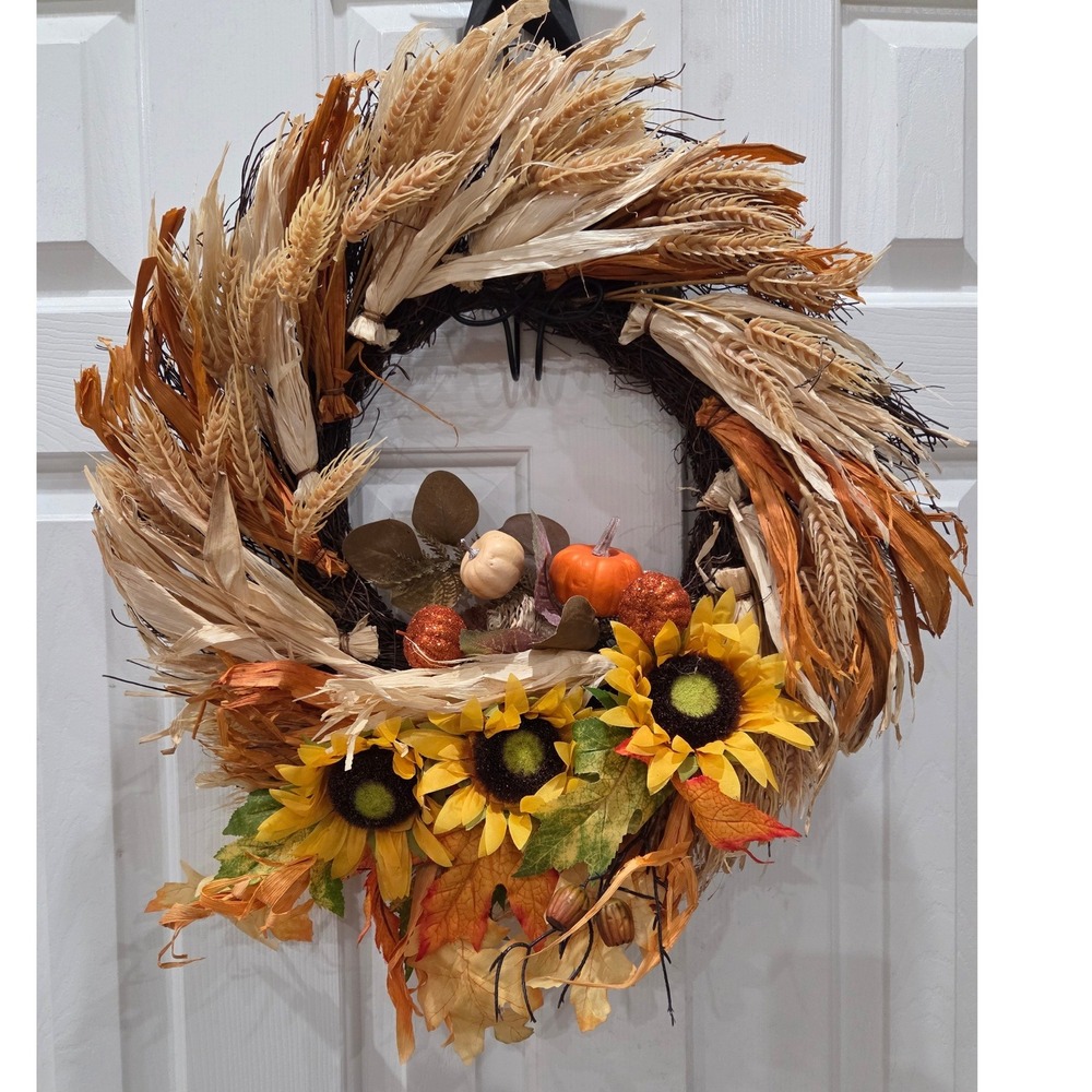 Autumn Harvest Grapevine Wreath Sunflowers Pumpkins Wheat Corn Husk Fall Decor